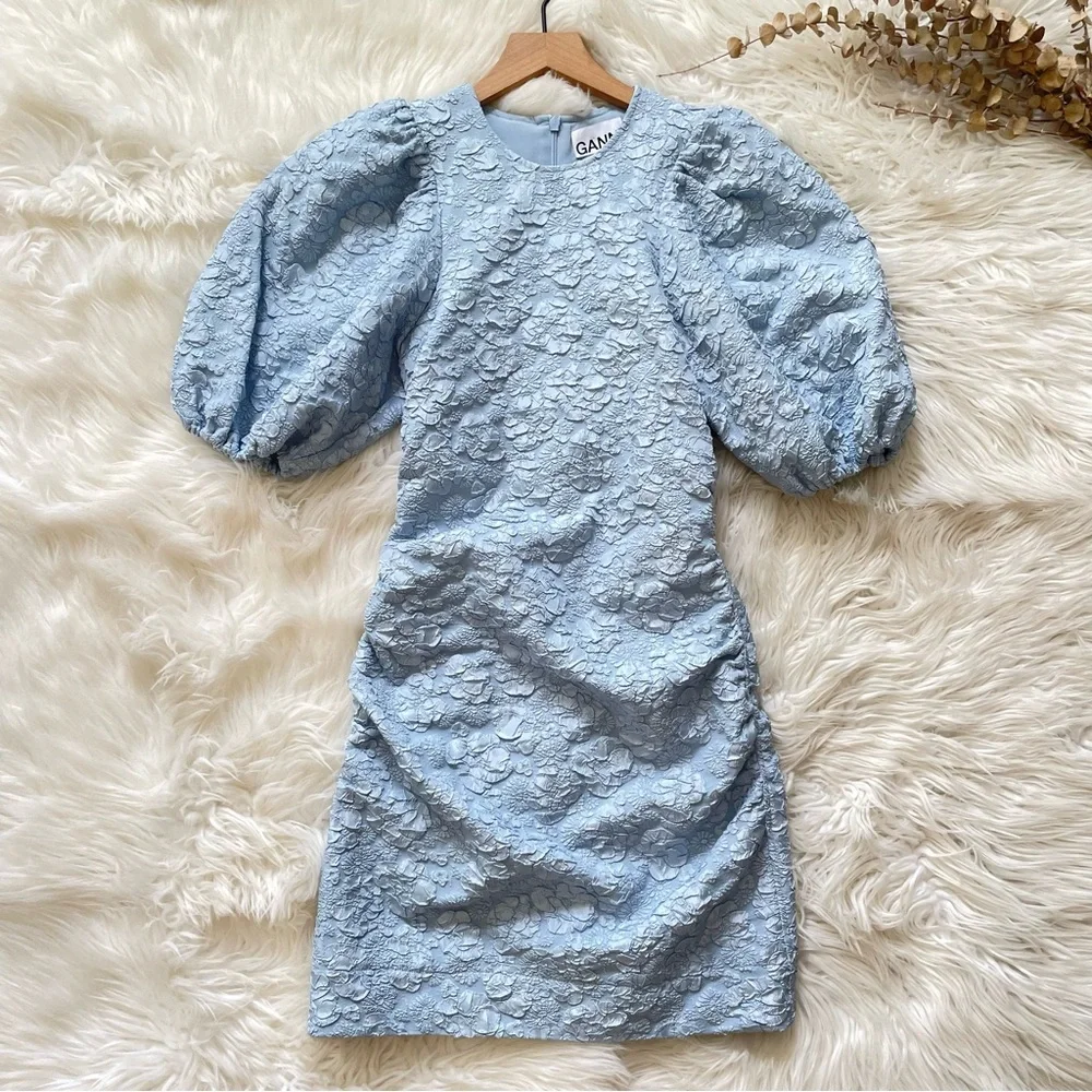 GANNI Sky Blue Jacquard Puff Sleeve Ruched Mini Dress NWT EU 34 US 2 XS - Picture 8 of 16